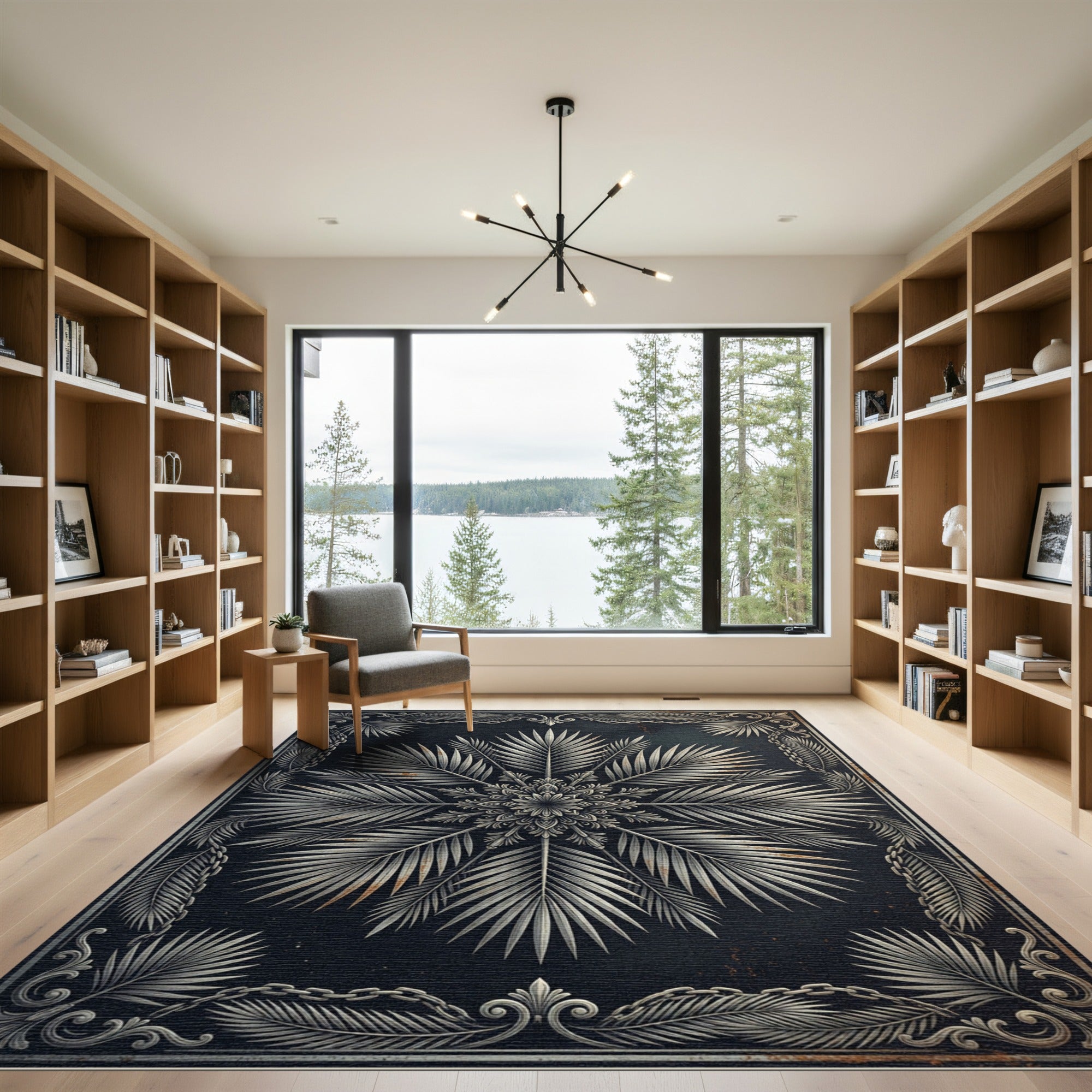 Metallic Silver Palm Leaf Mandala Rug
