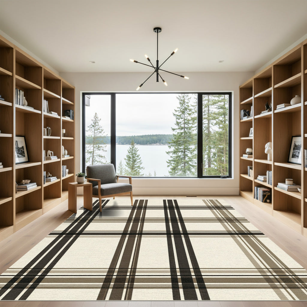 Classic Cream Brown Plaid Grid Rug