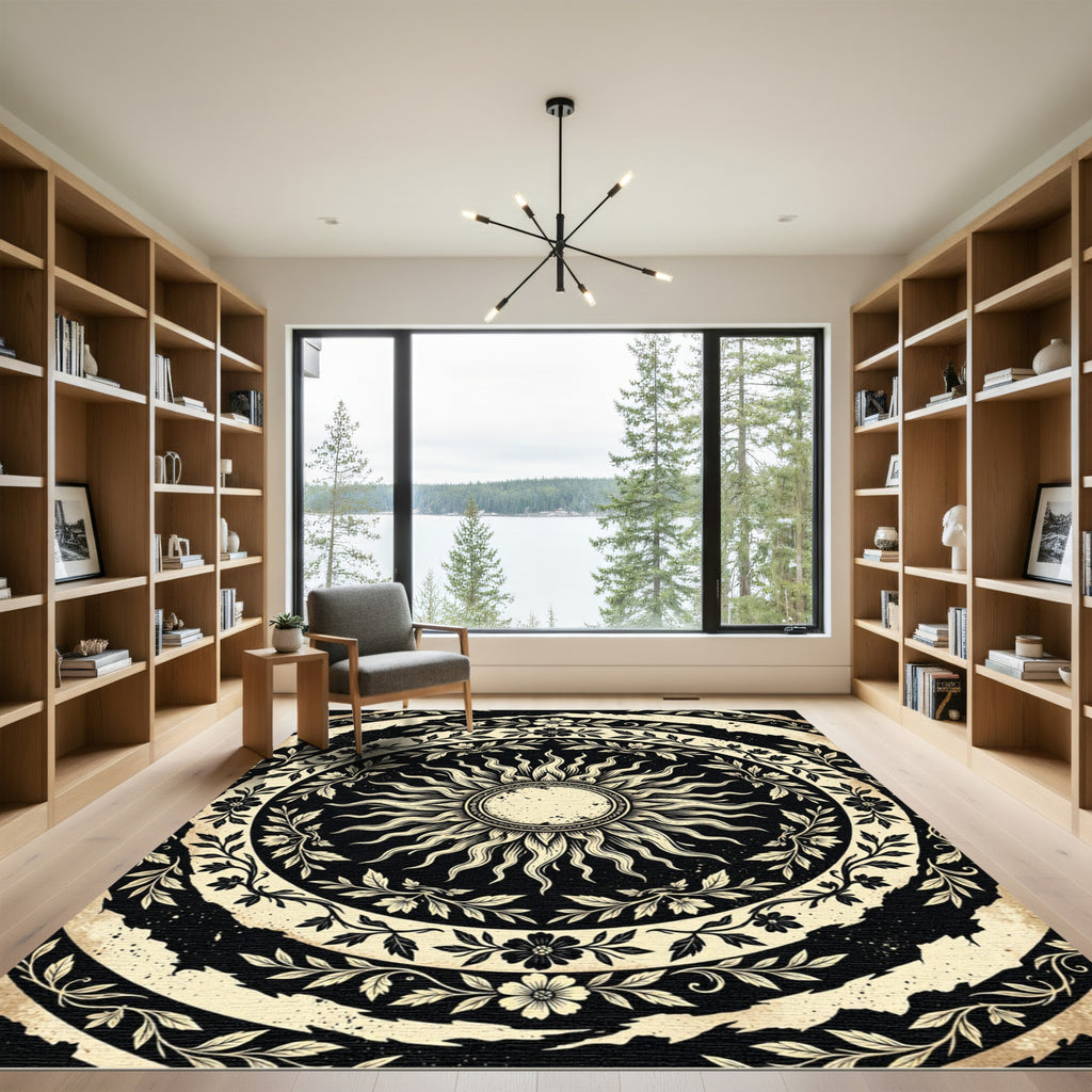 Celestial Sun Floral Cream Black Round Rug