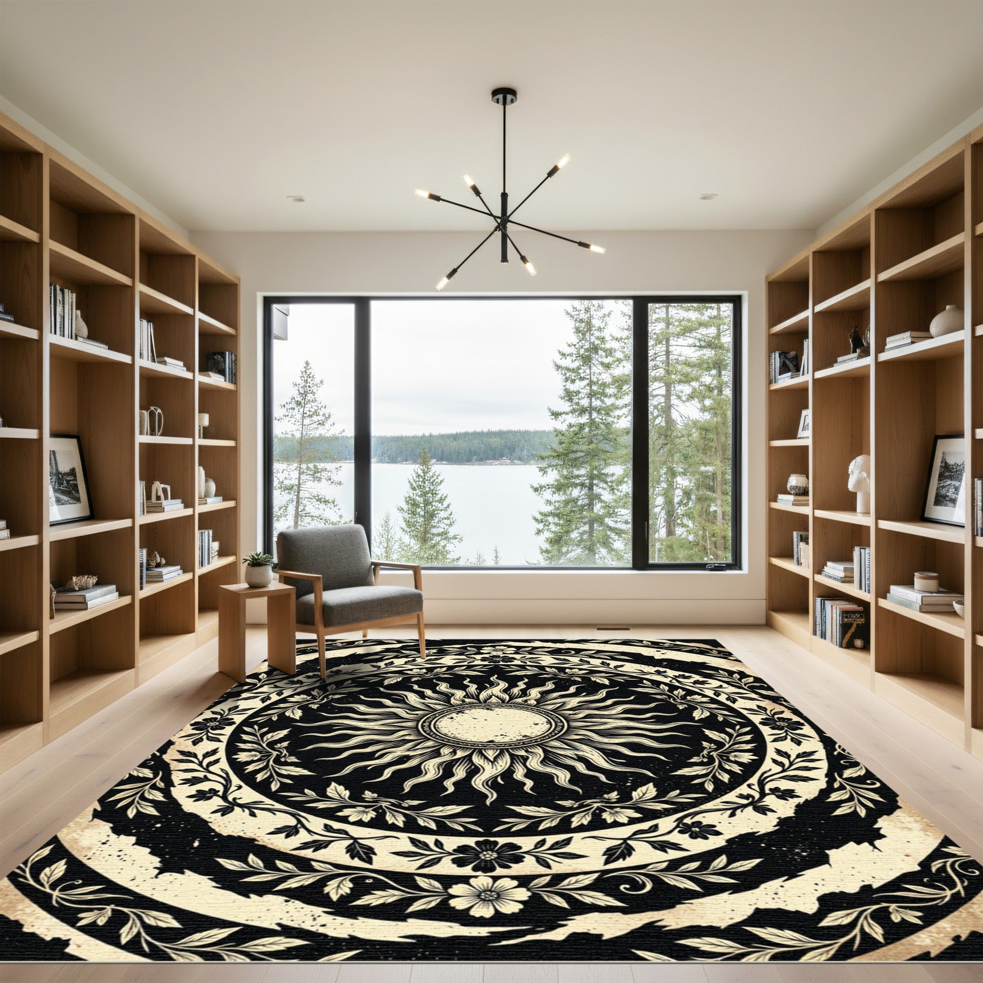 Celestial Sun Floral Cream Black Round Rug