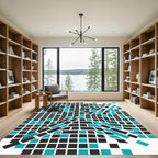 Abstract Teal and Charcoal Geometric Grid Rug