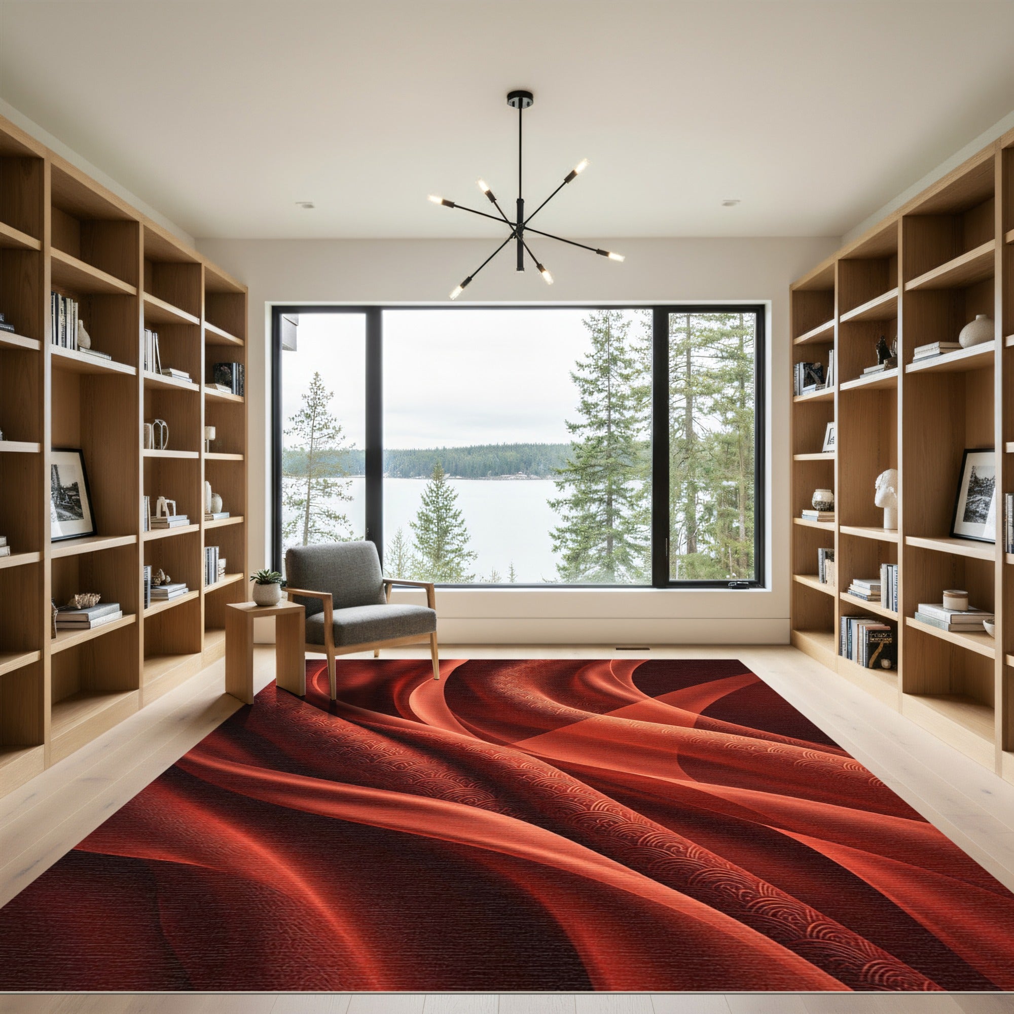 Crimson Silk Fan Waves Rug
