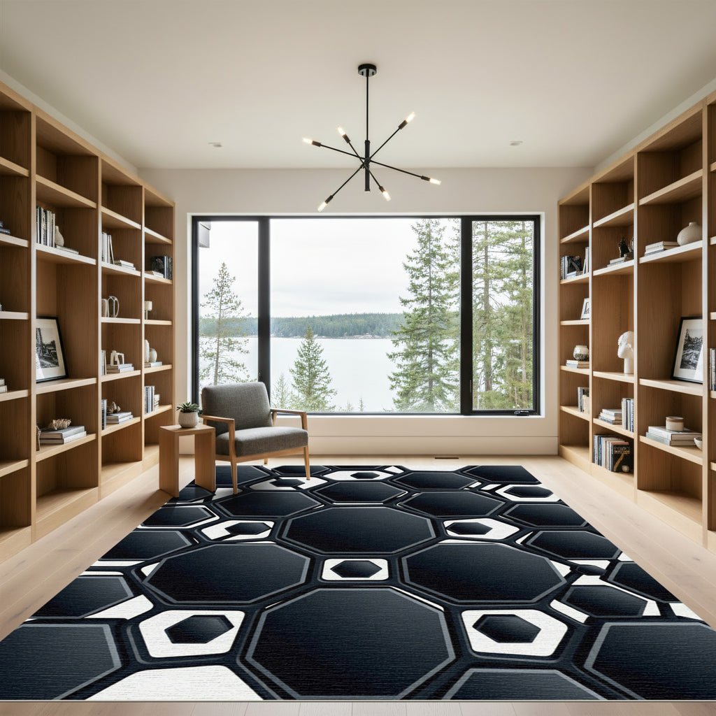 Chic Black Geometric Hexagon Cluster Rug