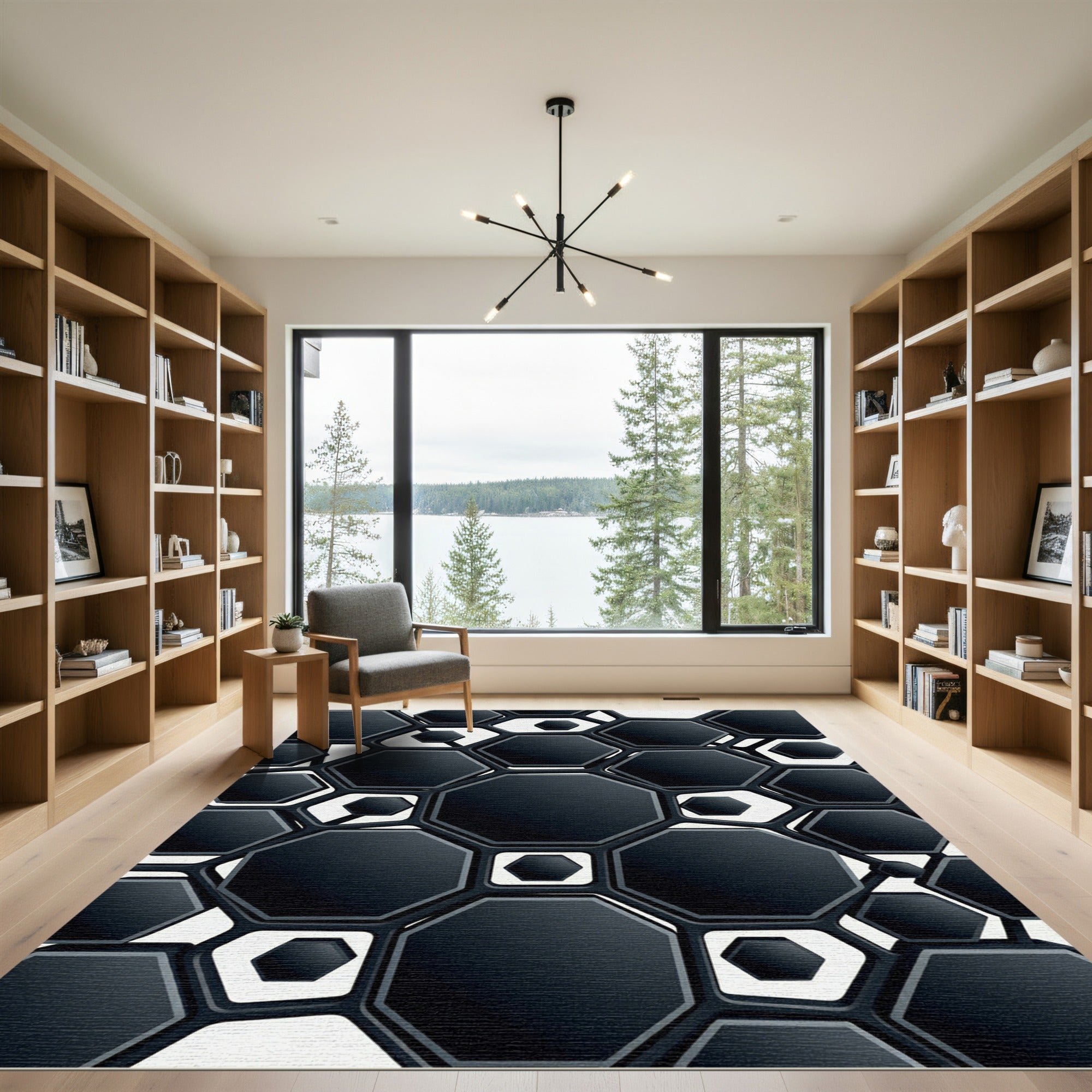 Chic Black Geometric Hexagon Cluster Rug