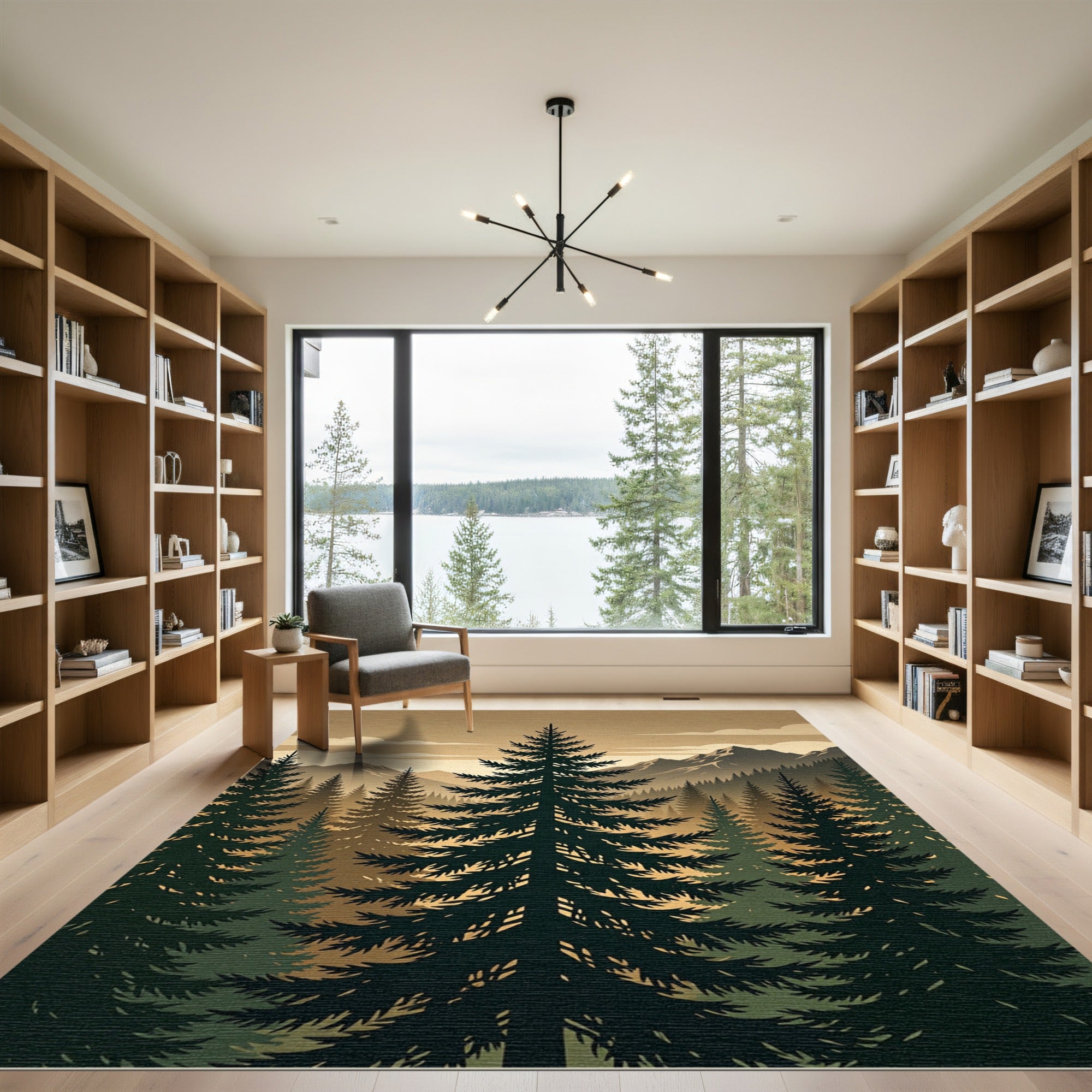 Earthy Forest Mountain Silhouette Landscape Rug