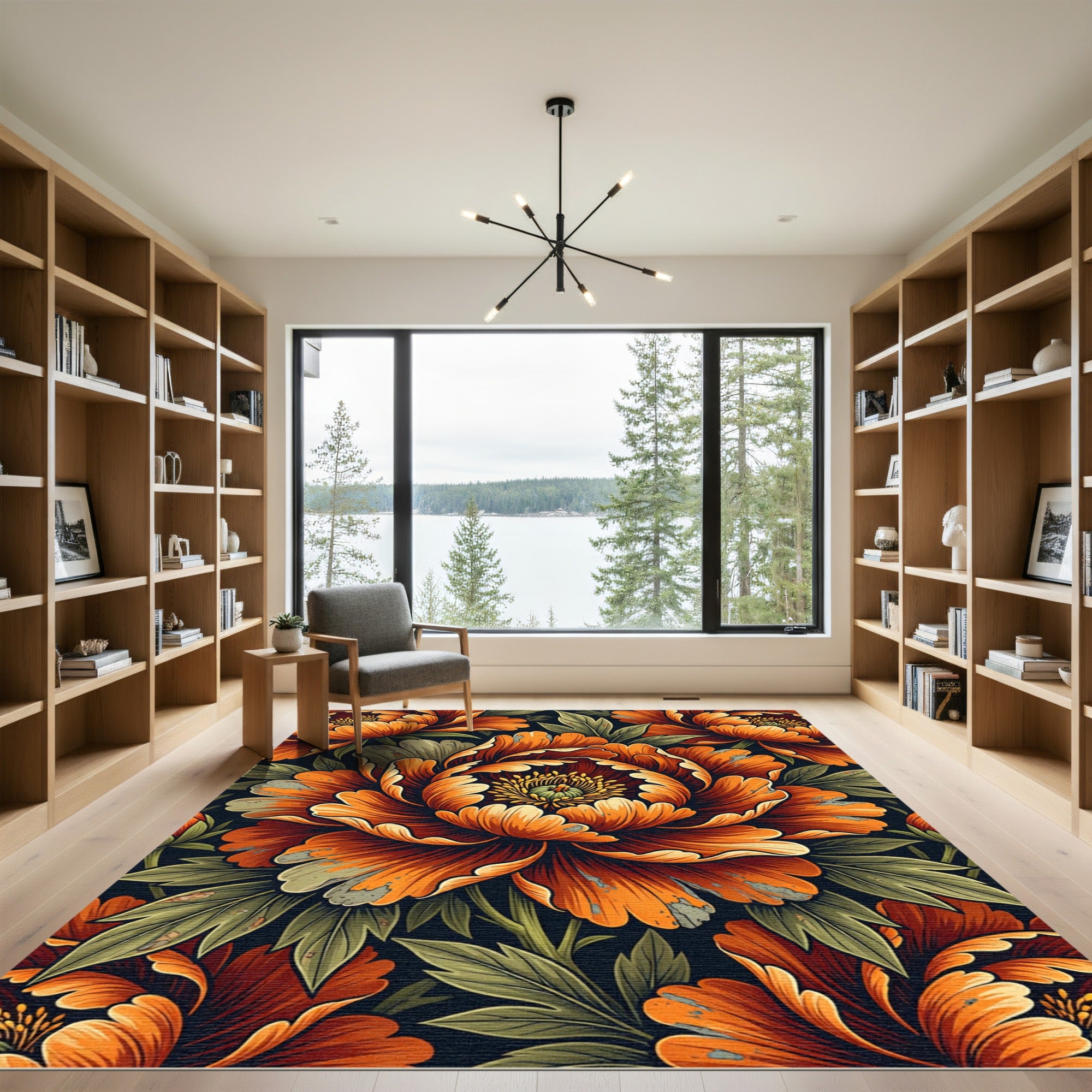 Dramatic Amber Peony Botanical Art Rug