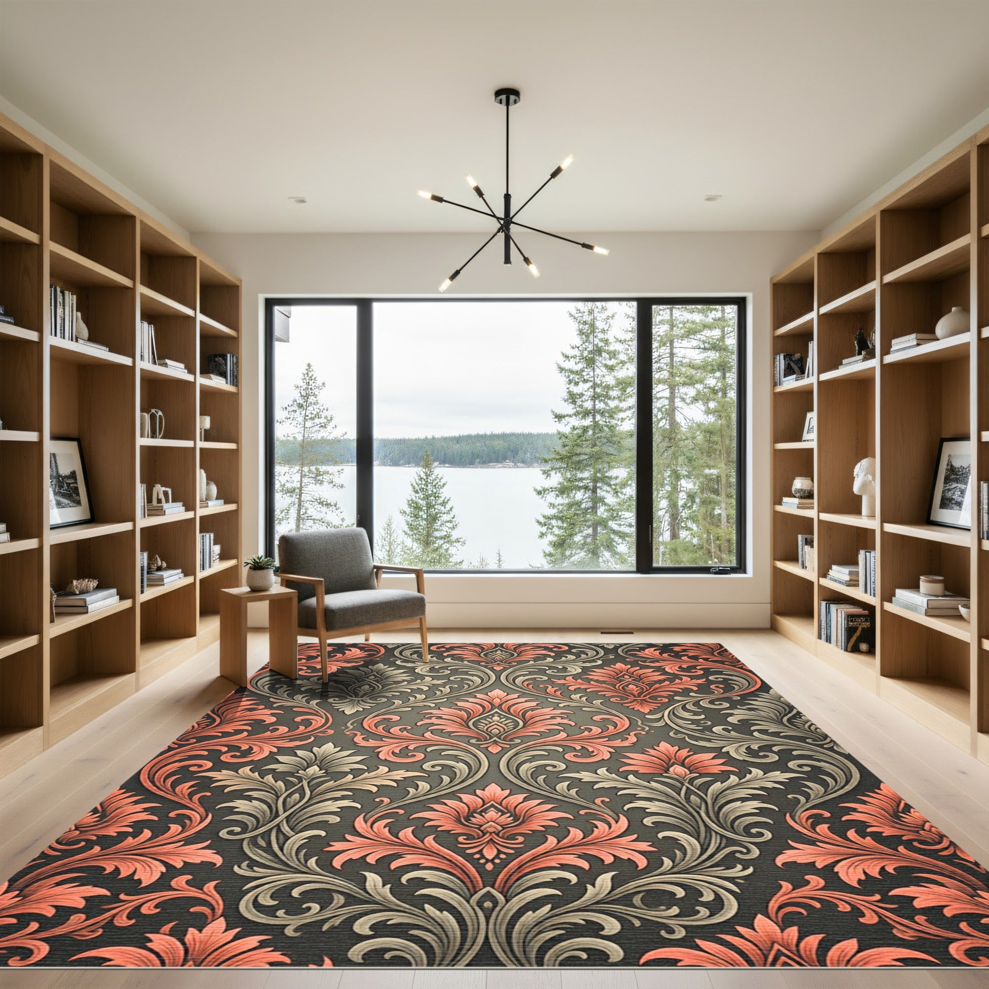 Coral And Gray Floral Acanthus Rug