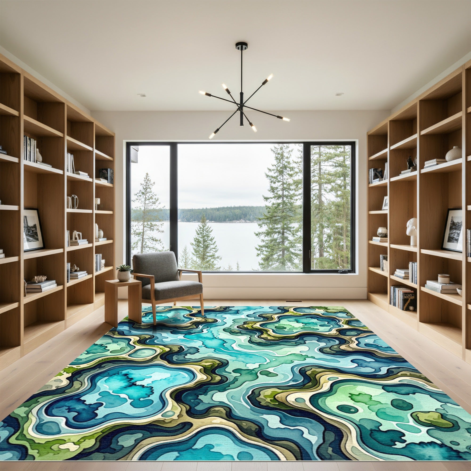 Abstract Teal Watercolor Ocean Swirls Rug