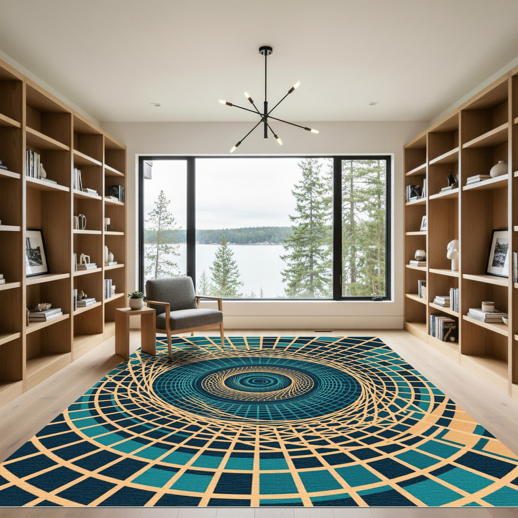 Modern Teal Beige Concentric Spiral Rug