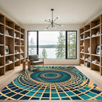 Modern Teal Beige Concentric Spiral Rug