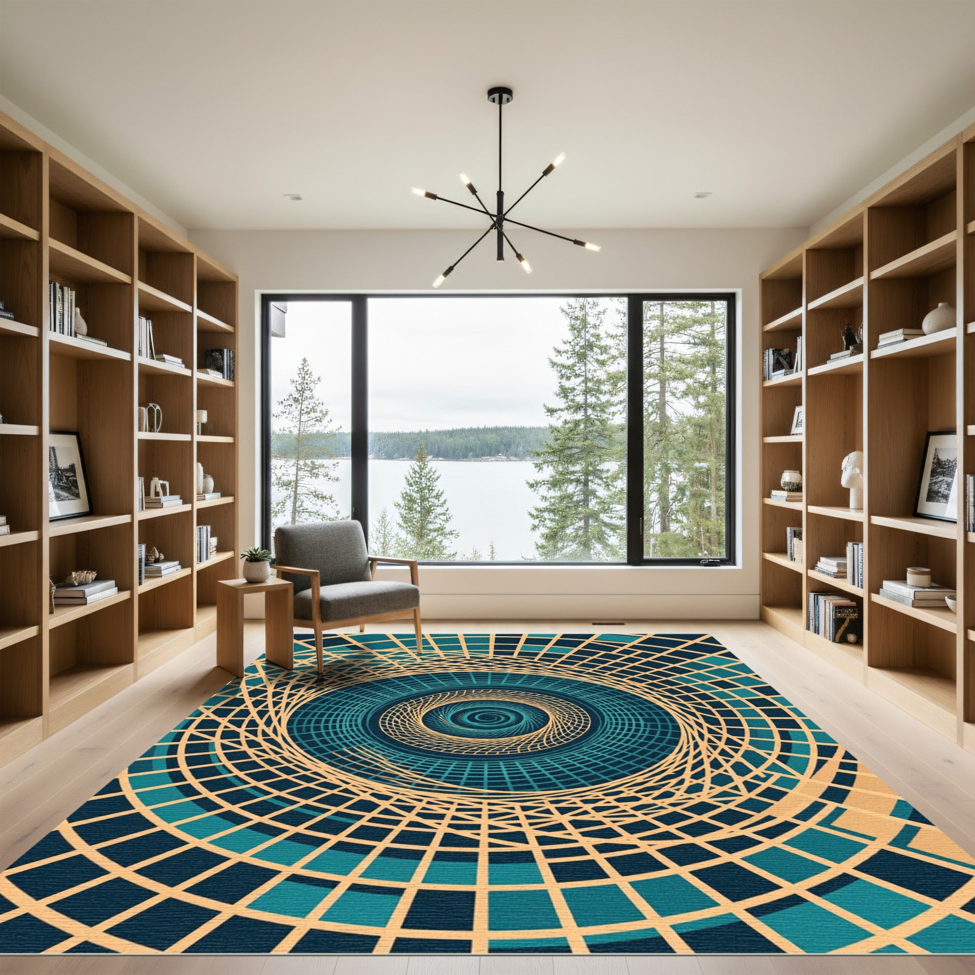 Modern Teal Beige Concentric Spiral Rug