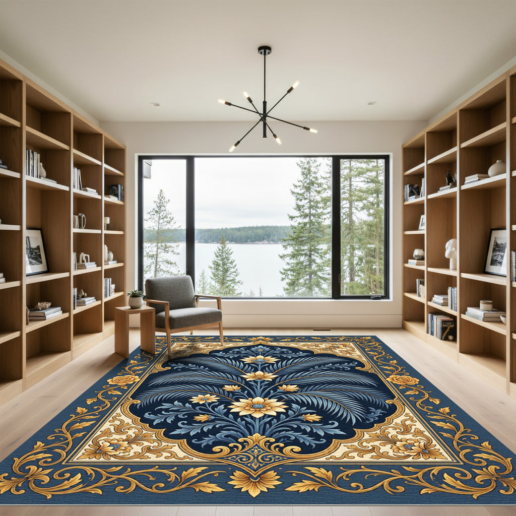 Elegant Navy Blue Golden Botanical Rug