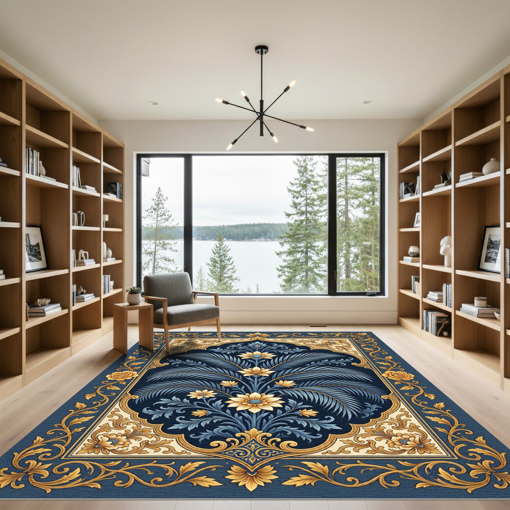 Elegant Navy Blue Golden Botanical Rug