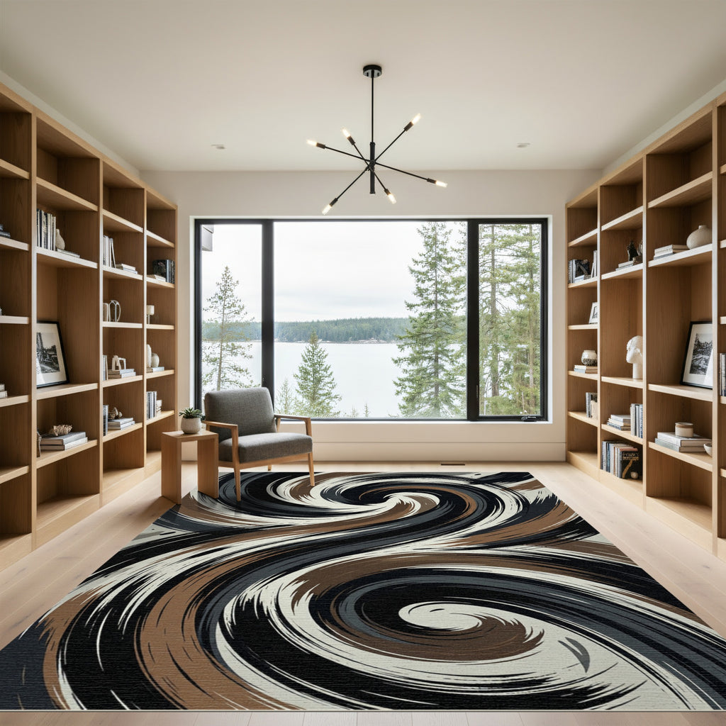 Abstract Swirl Brown Black White Rug