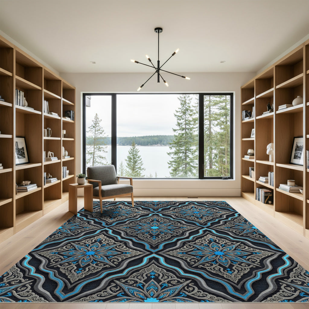 Azure Silver Ornate Damask Medallion Rug