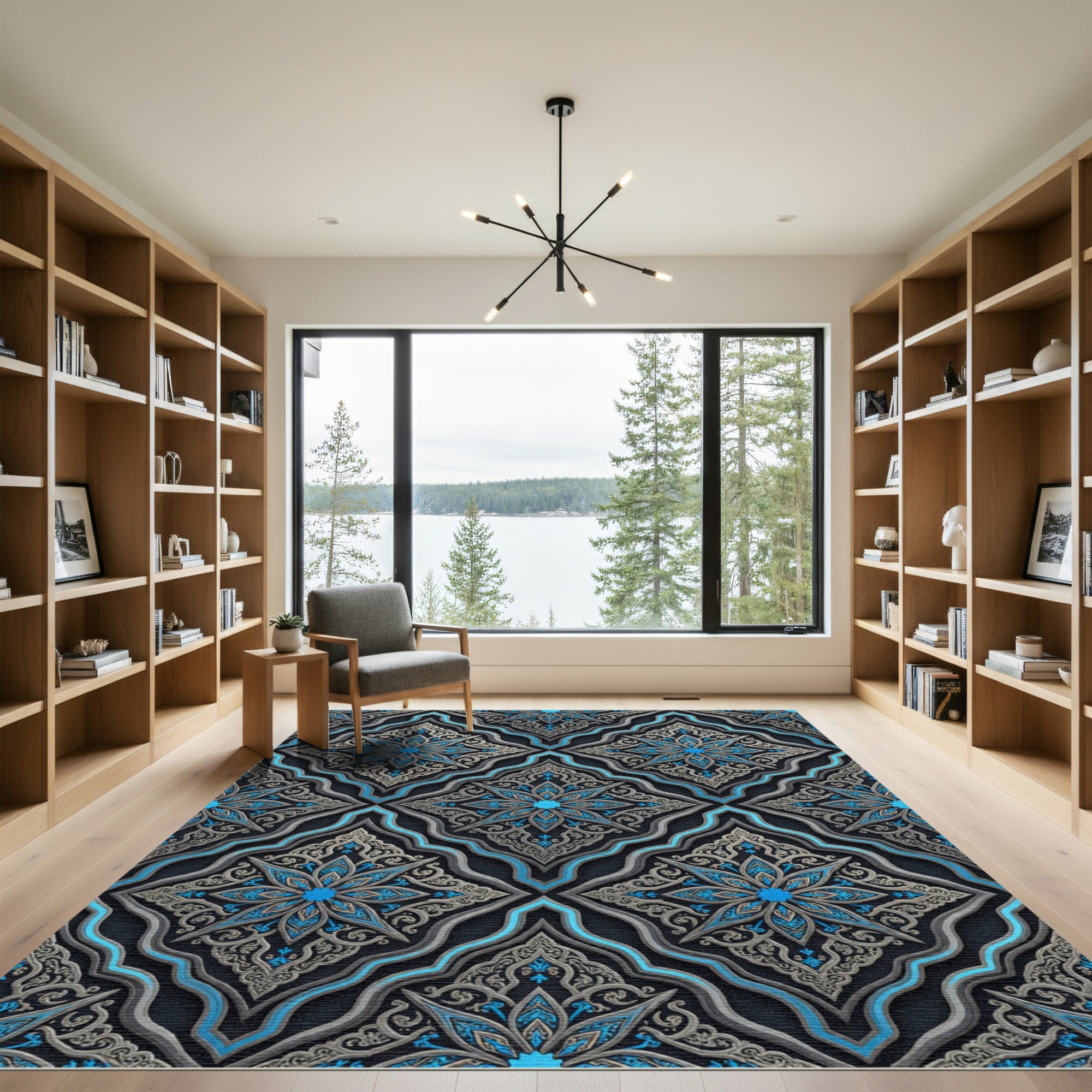 Azure Silver Ornate Damask Medallion Rug