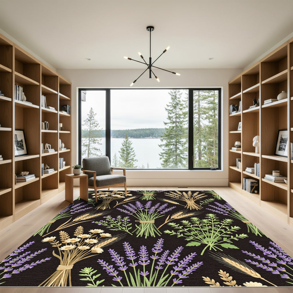 Botanical Lavender Wheat Floral Black Meadow Rug
