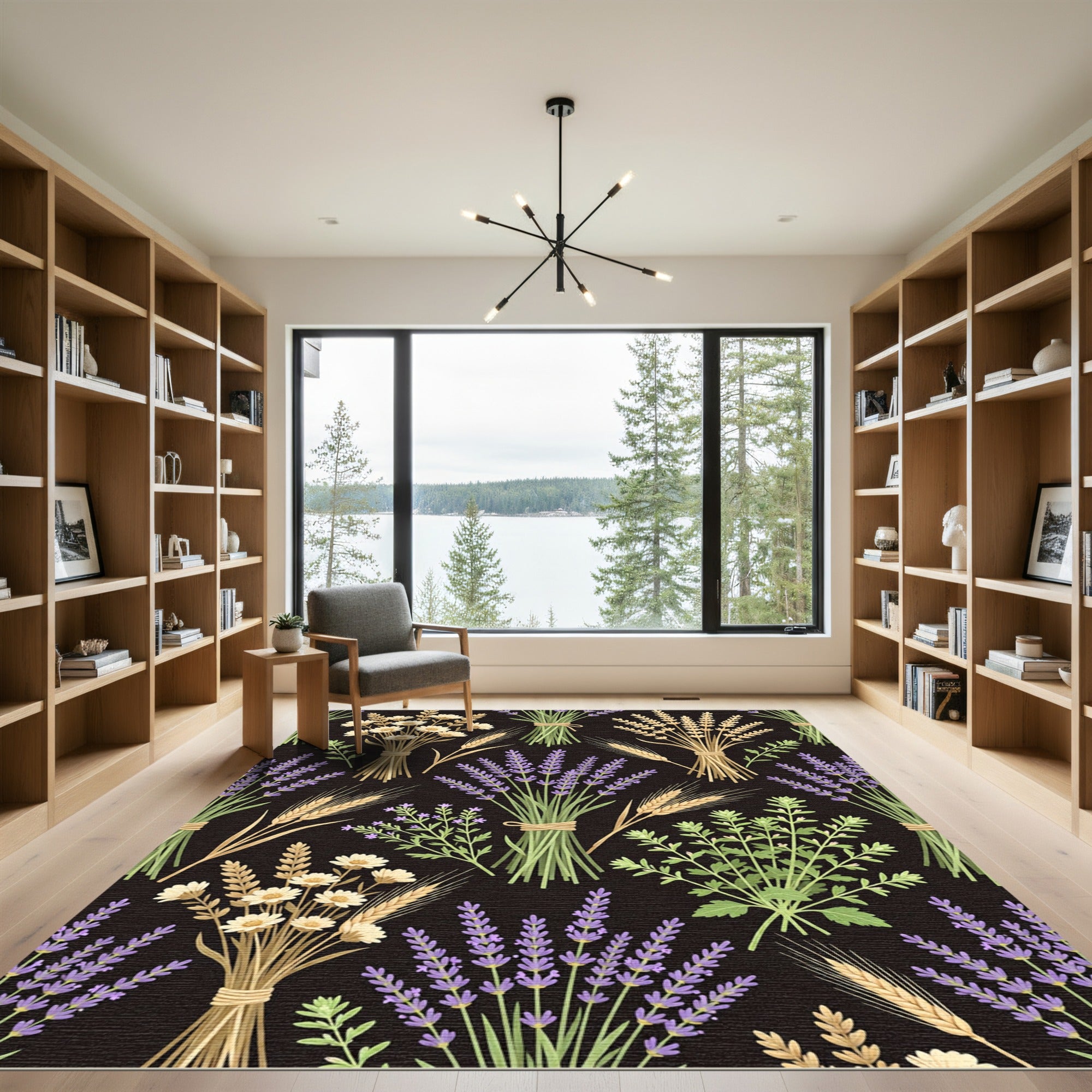 Botanical Lavender Wheat Floral Black Meadow Rug