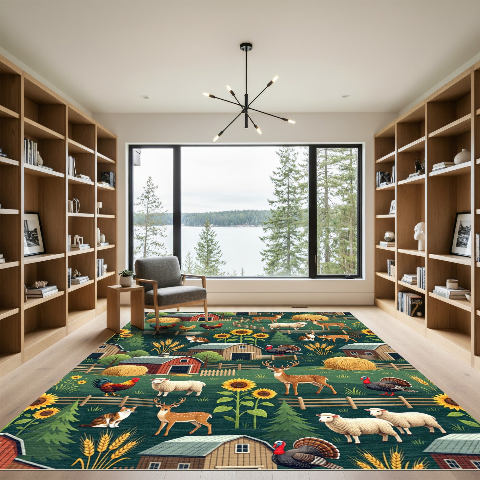 Forest Farm Animals with Sunflowers Rug