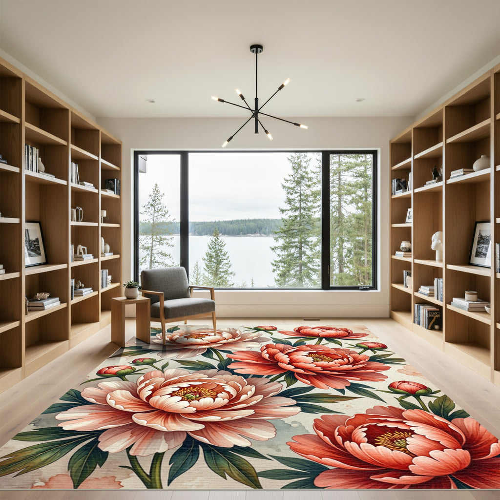 Peony Blossom Coral Watercolor Garden Rug