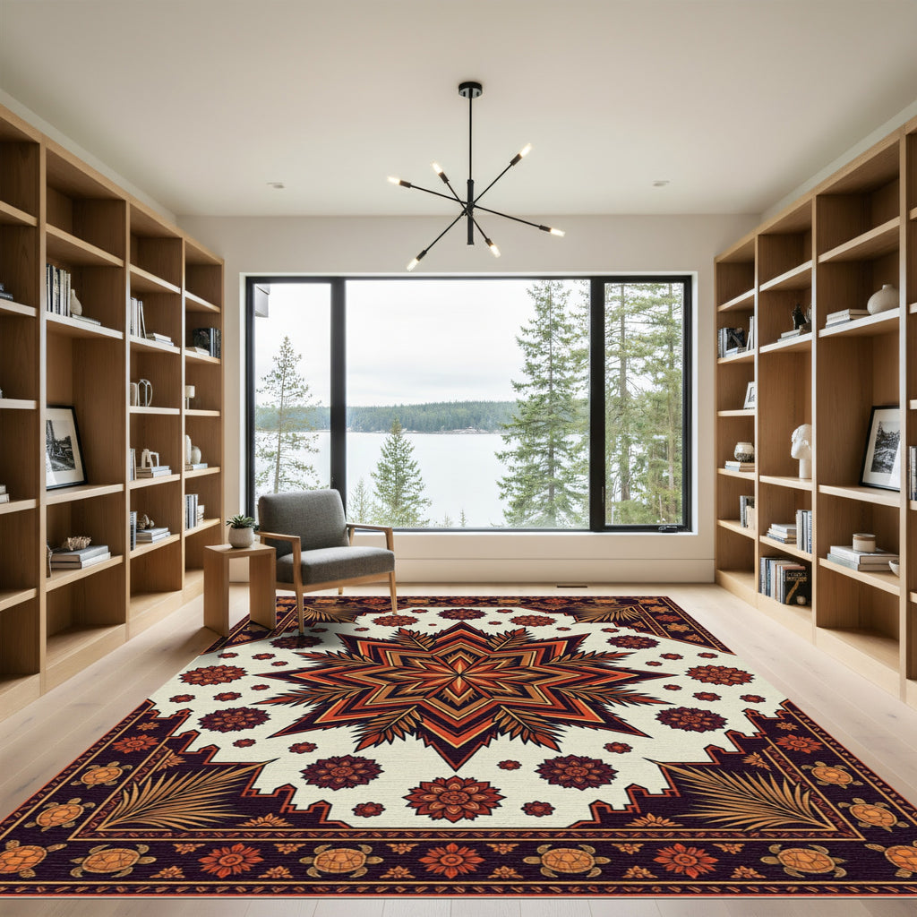 Burnt Orange Geometric Star Tortoise Medallion Rug