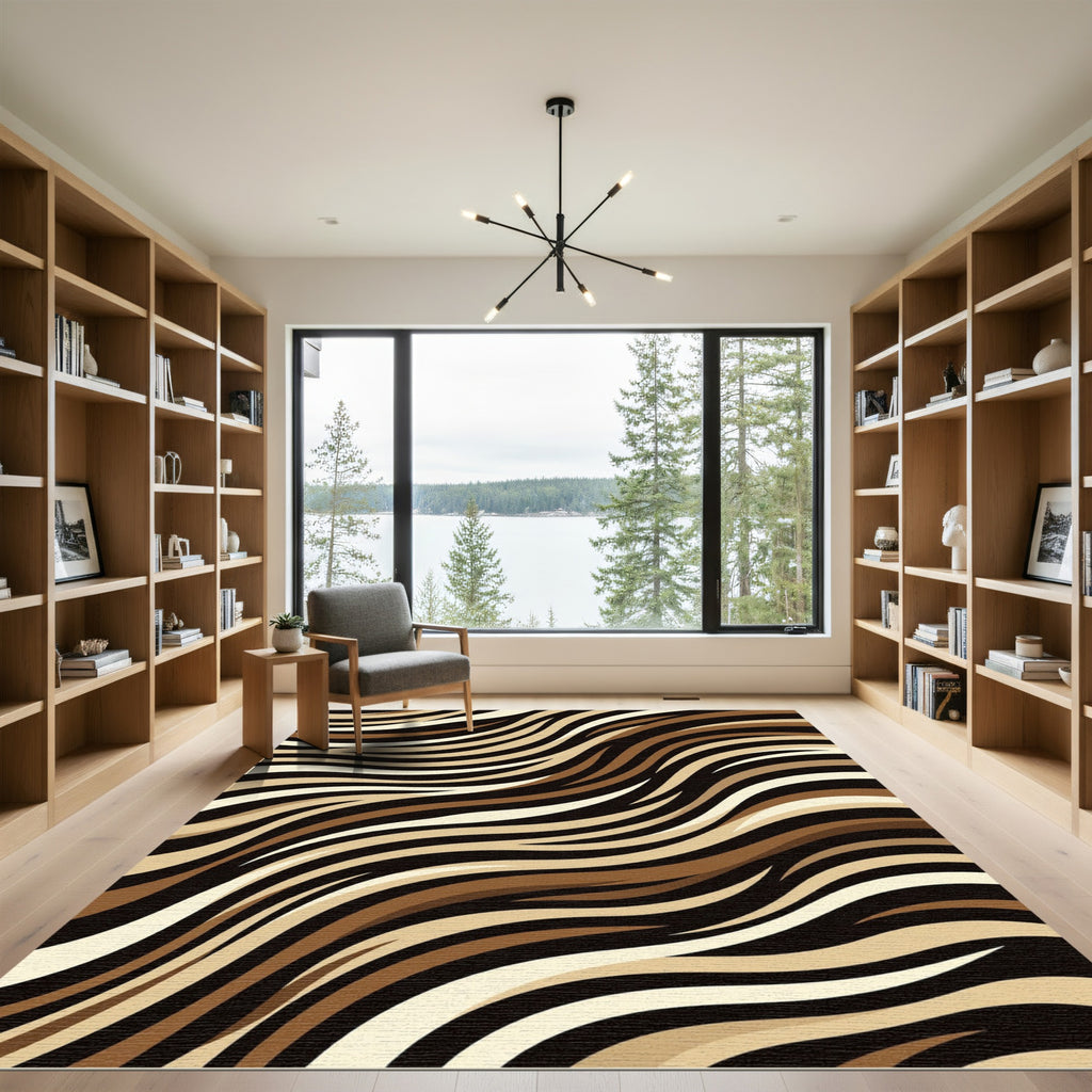 Abstract Brown and Cream Flowing Wave Rug
