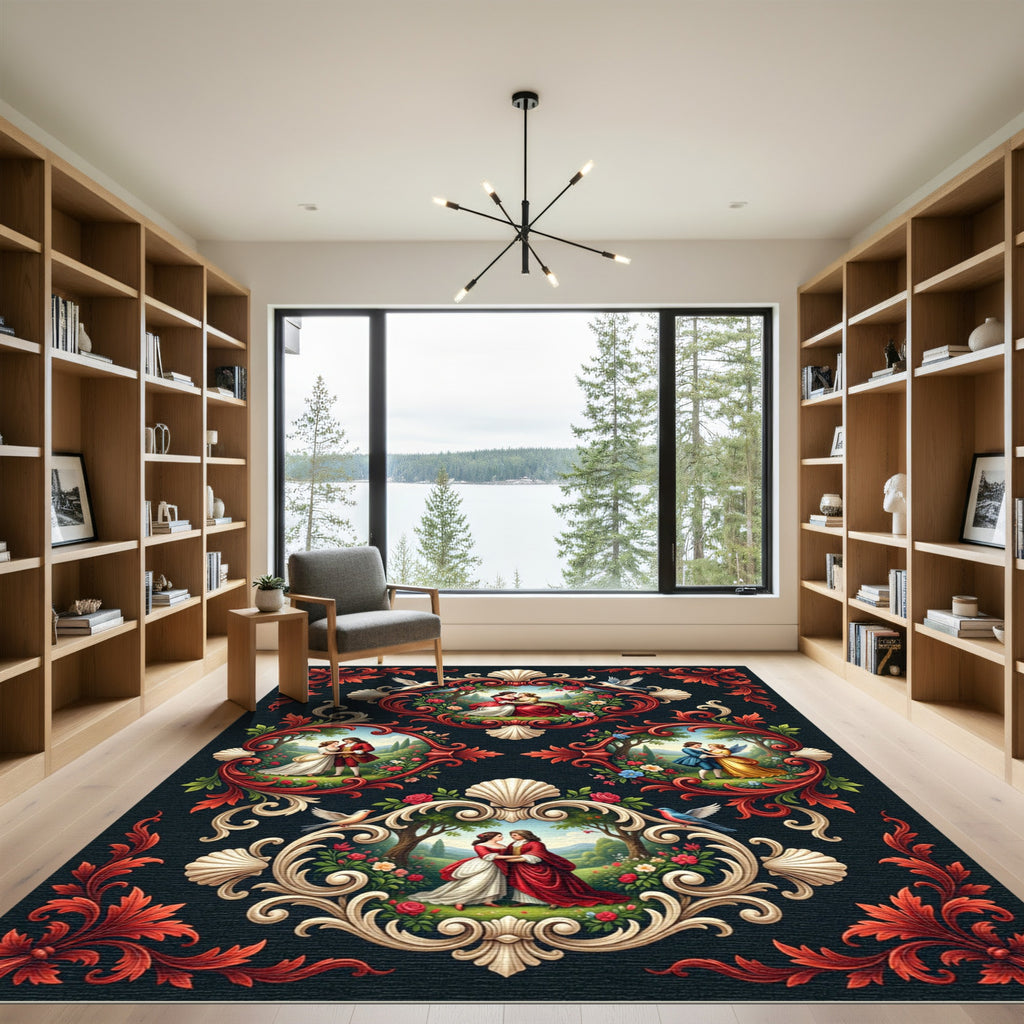 Romantic Figures Red Floral Ornate Medallion Rug