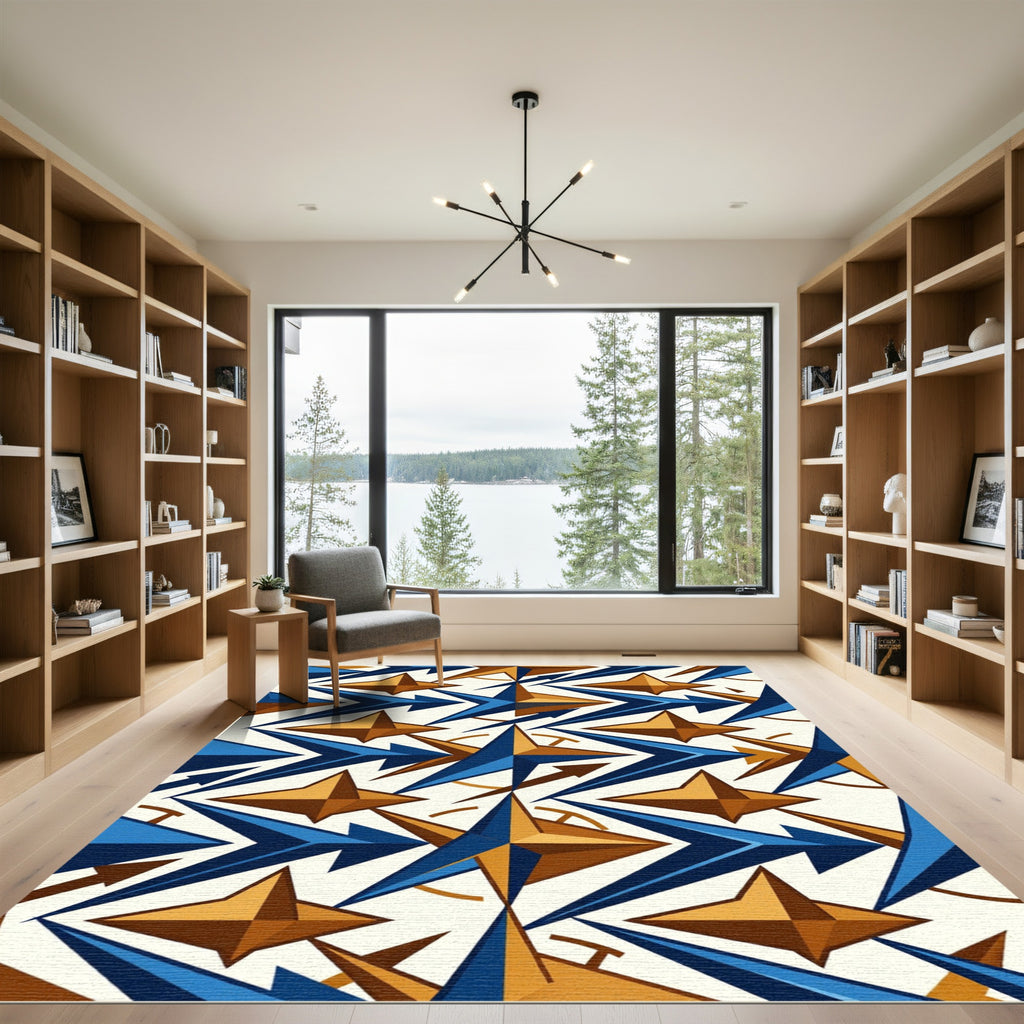 Geometric Navy and Golden Starburst Rug