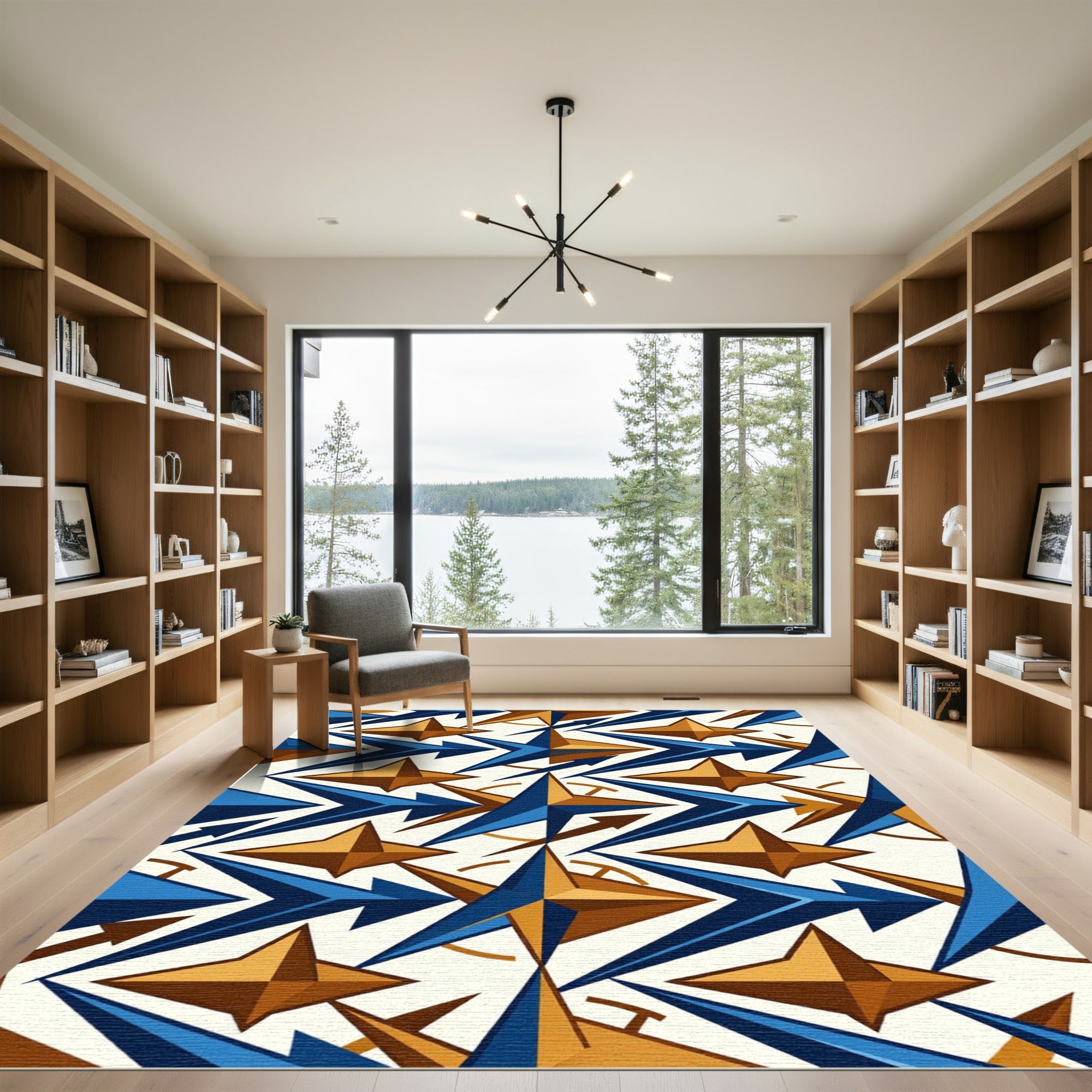 Geometric Navy and Golden Starburst Rug