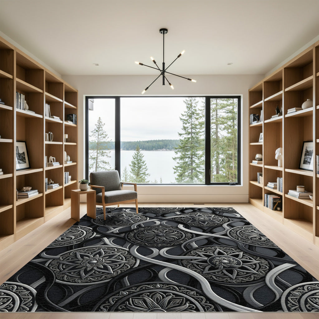 Ornate Silver Mandala Interlocking Ribbons Rug