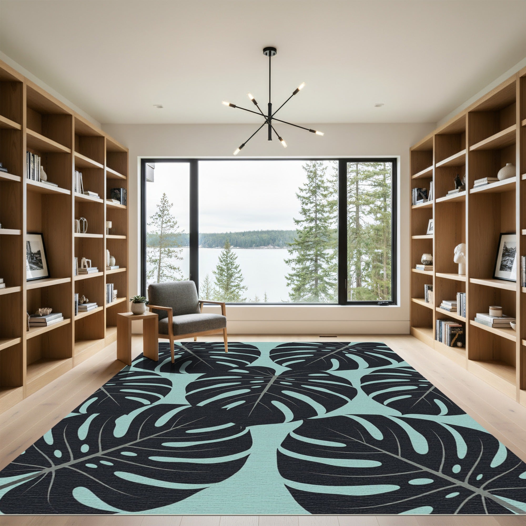 Lush Tropical Monstera Leaf Sage Blue Rug