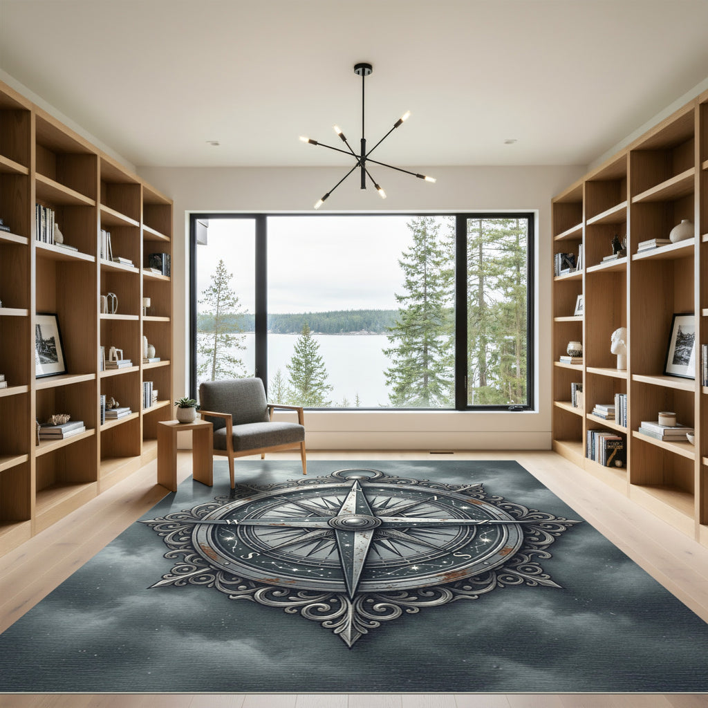 Antique Silver Celestial Compass Medallion Rug