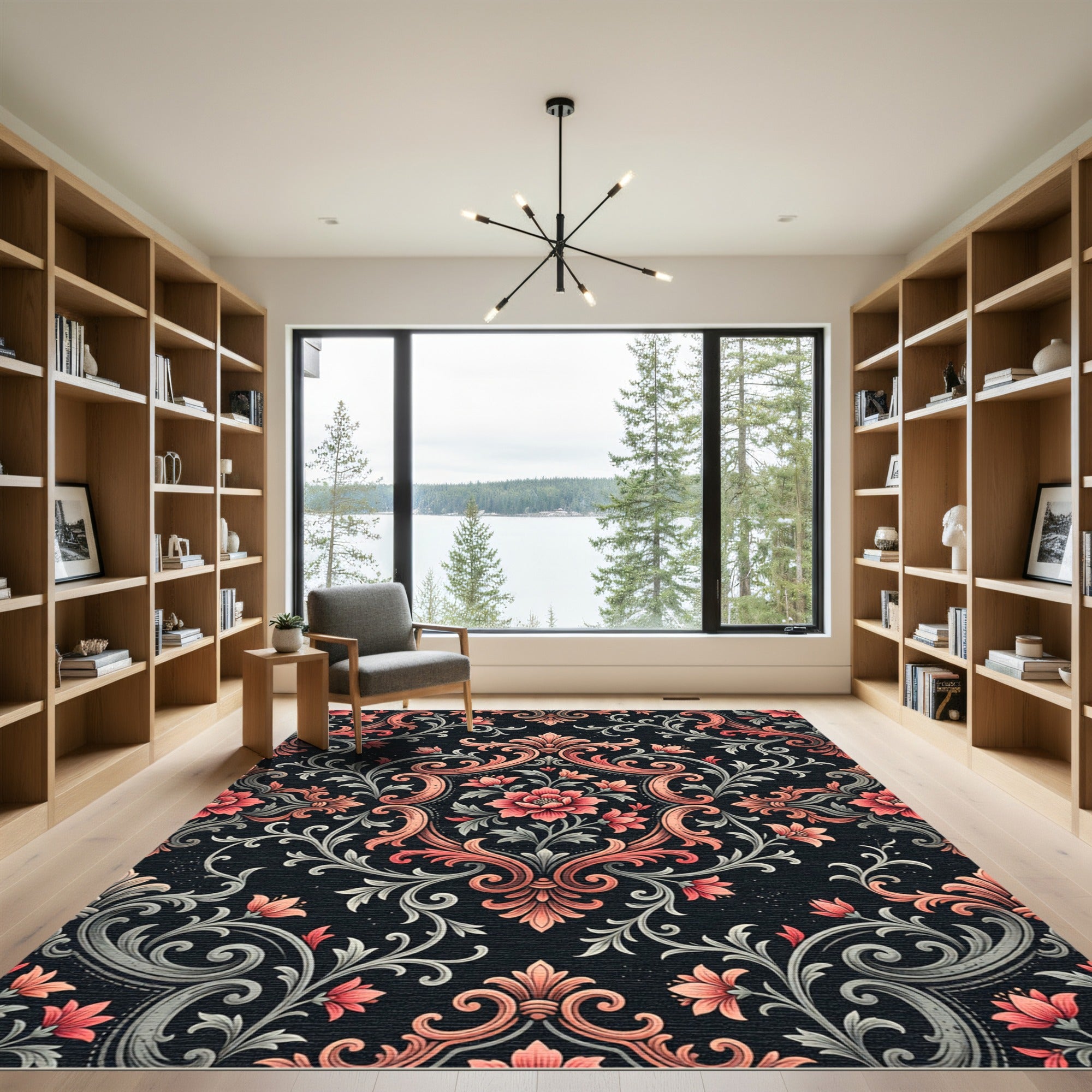 Elegant Coral Floral Damask Scroll Rug