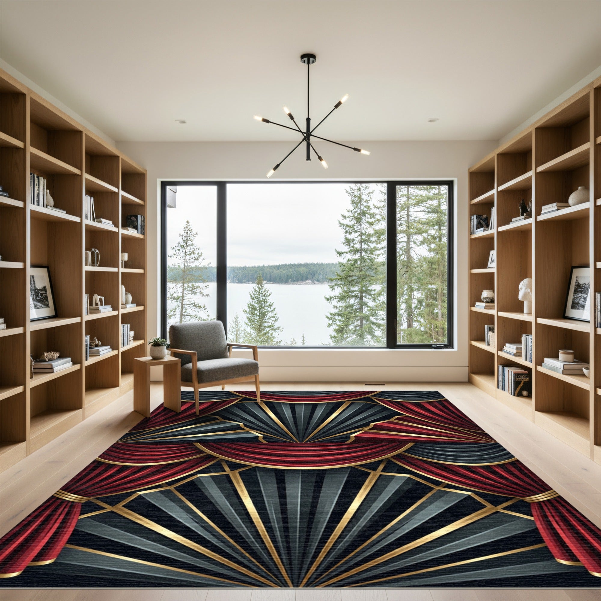 Art Deco Crimson Black Fan Rug