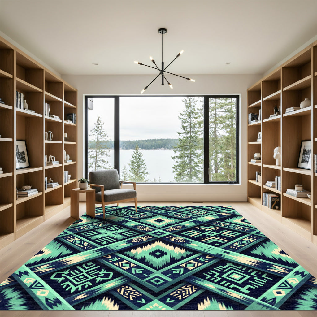 Teal Indigo Woven Geometric Brocade Foulard Rug