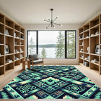 Teal Indigo Woven Geometric Brocade Foulard Rug