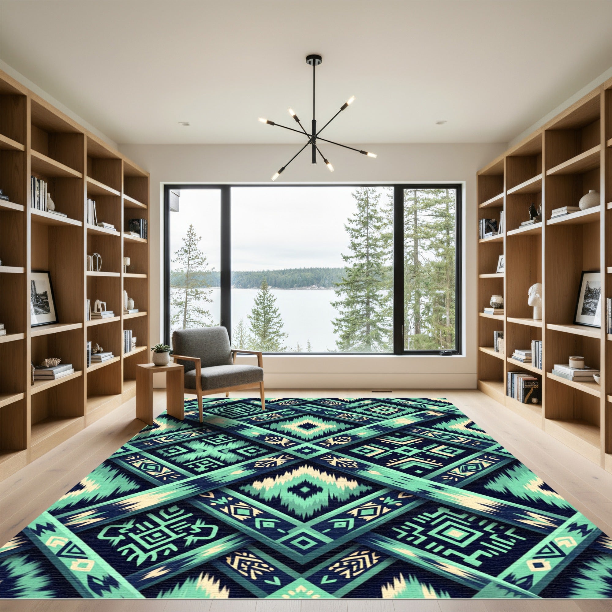 Teal Indigo Woven Geometric Brocade Foulard Rug