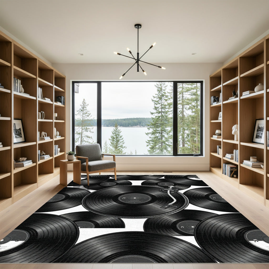 Monochrome Retro Vinyl Record Composition Rug