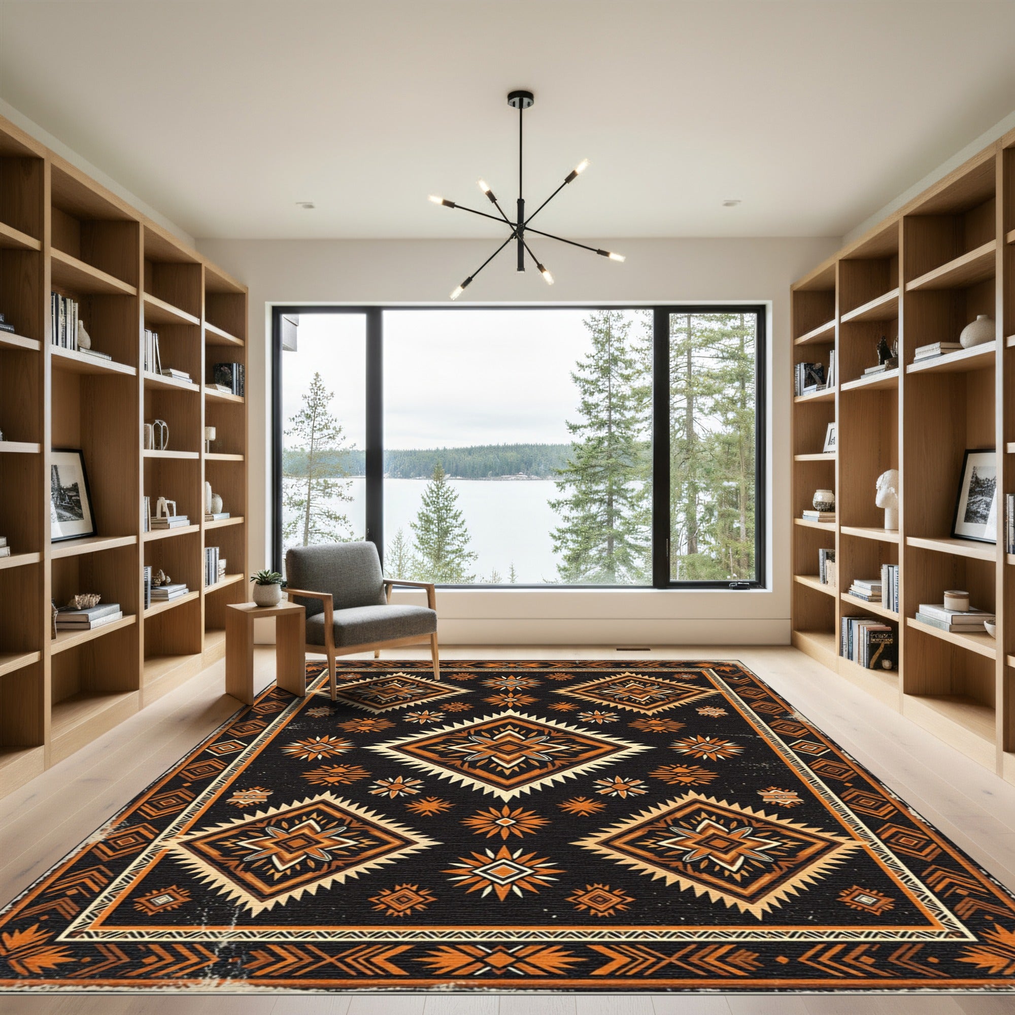 Earthy Black Ochre Tribal Geometric Rug