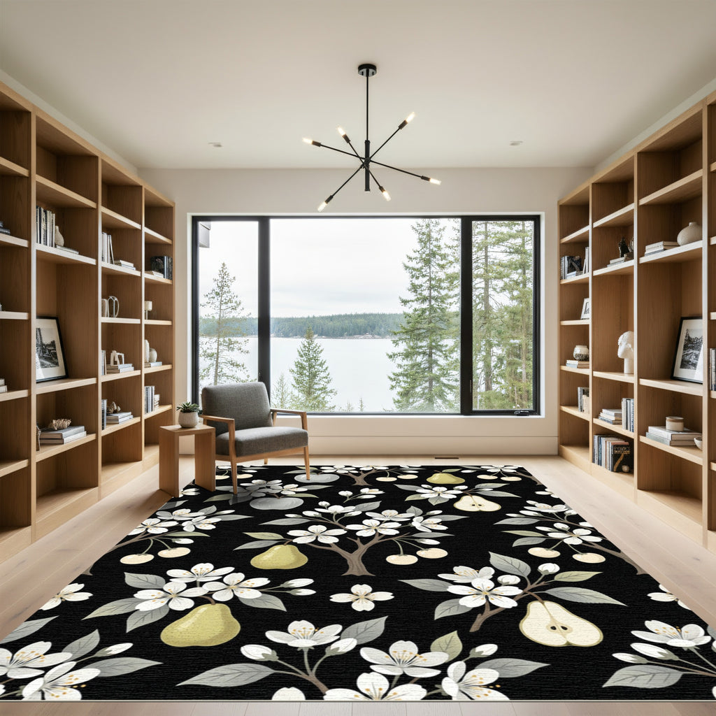 Botanical Pear and Apple Blossom Illustration Rug