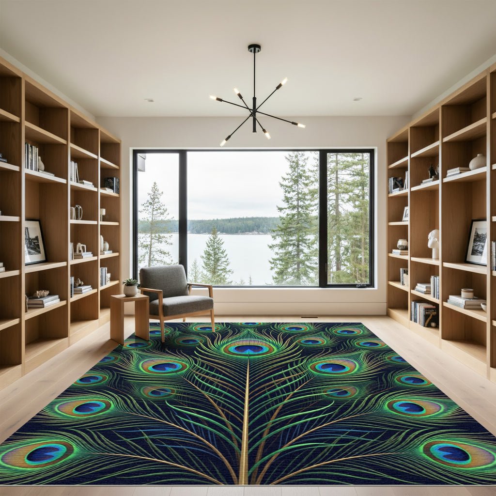Vibrant Peacock Feather Radiating Lush Plumes Rug