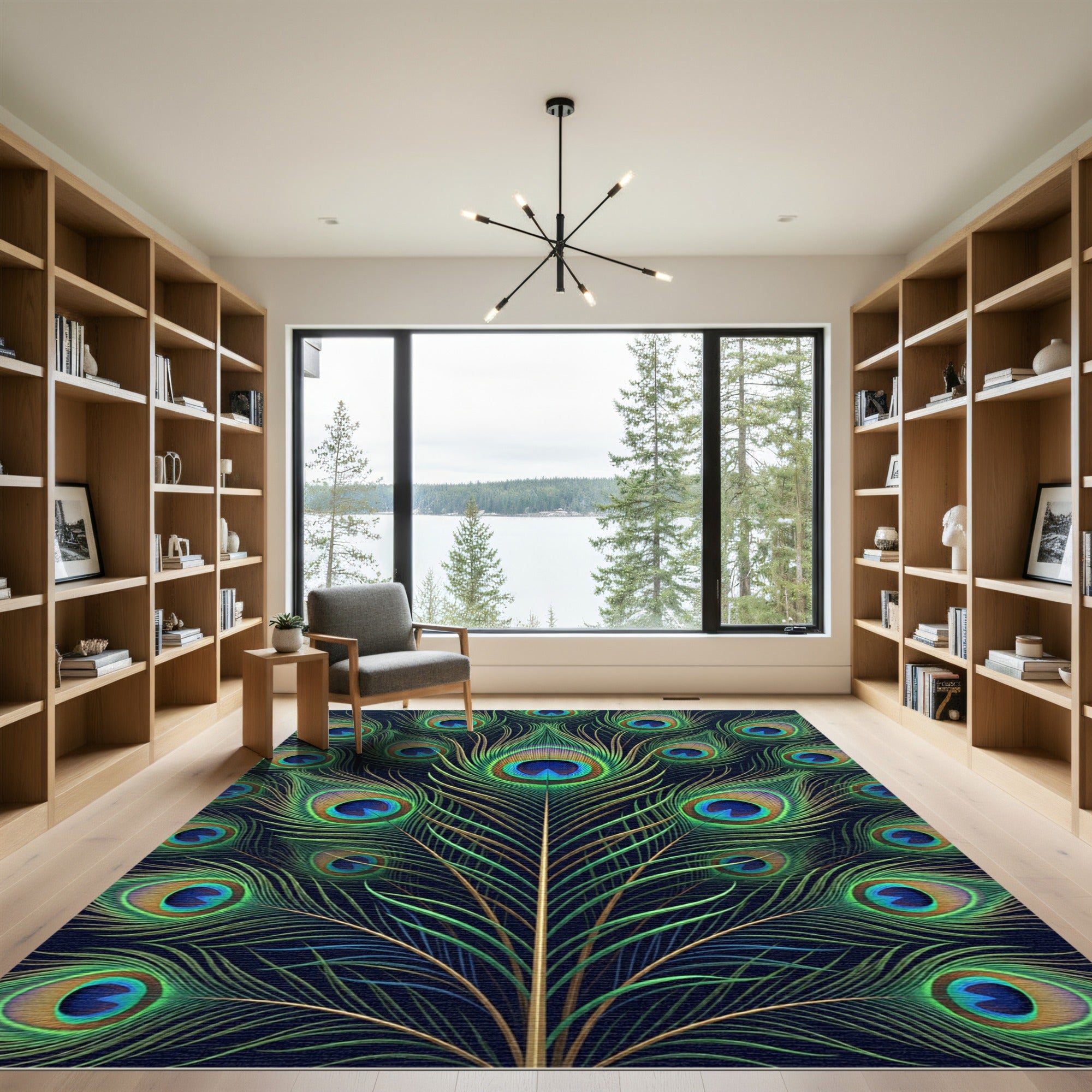 Vibrant Peacock Feather Radiating Lush Plumes Rug