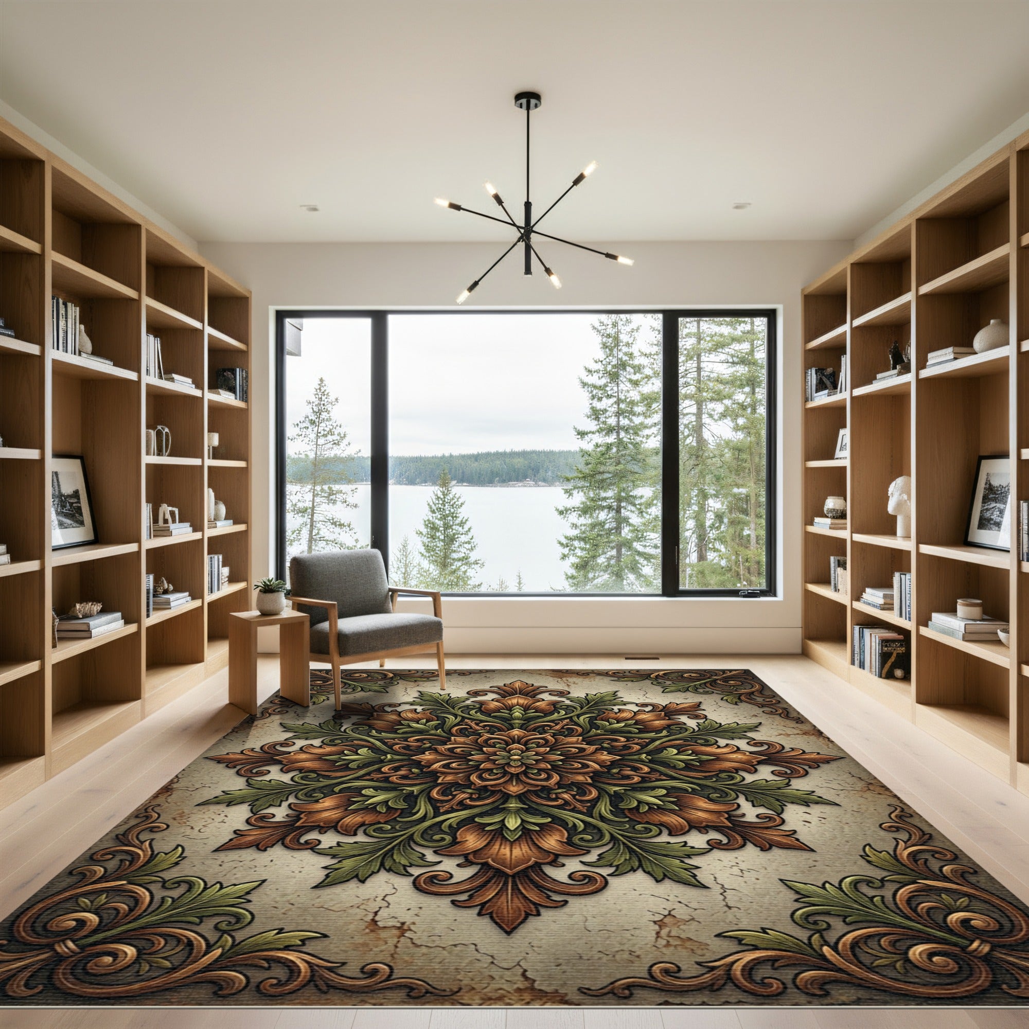 Elegant Earthy Toned Baroque Foliage Medallion Rug