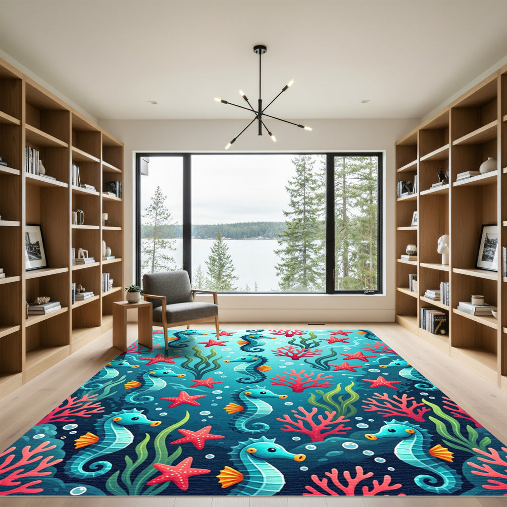 Vibrant Underwater Seahorse Coral Reef Scene Rug