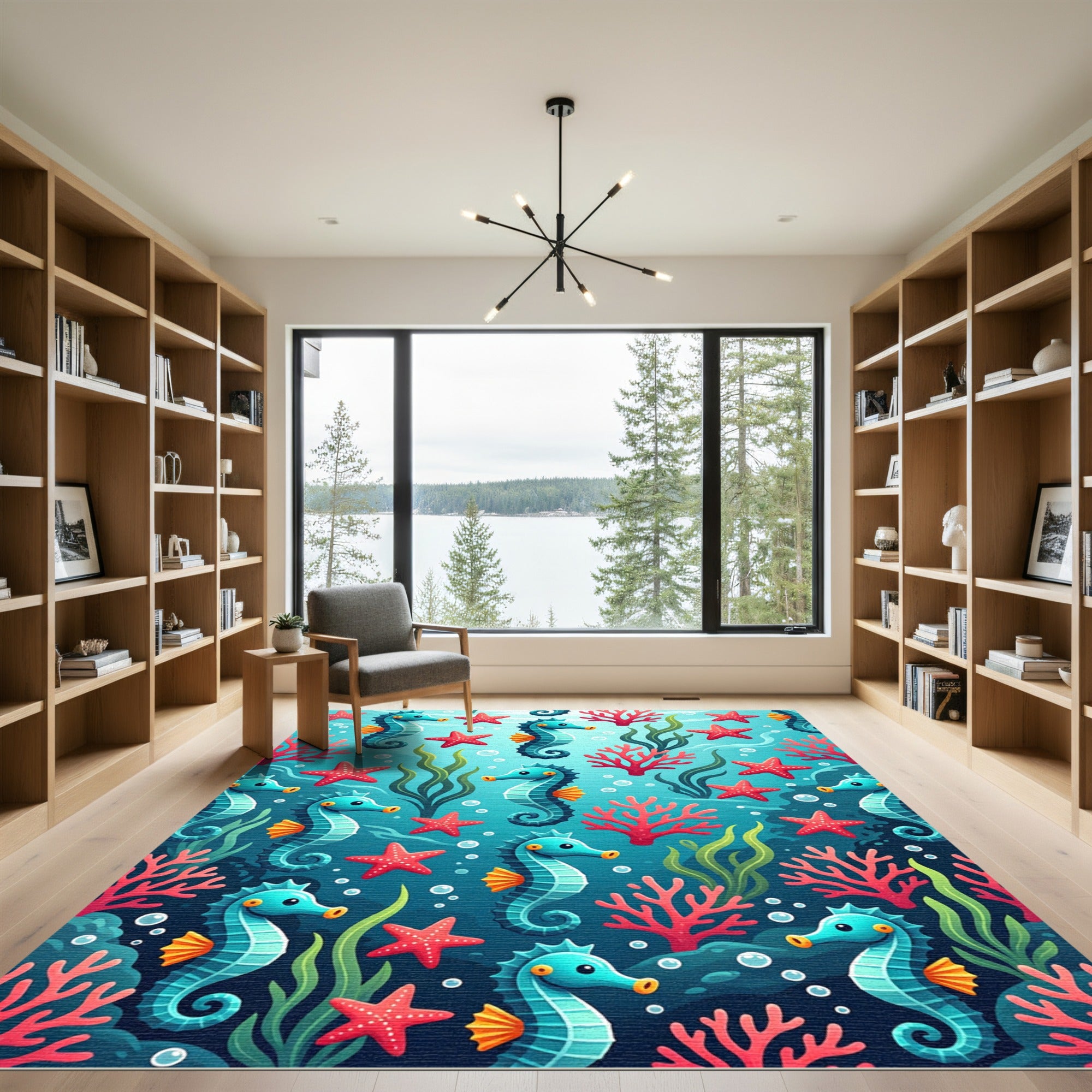 Vibrant Underwater Seahorse Coral Reef Scene Rug
