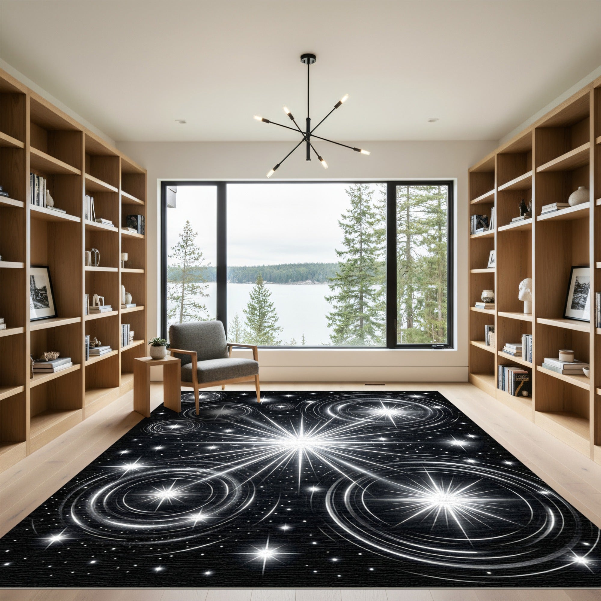 Radiant Black Cosmic Starburst Rug