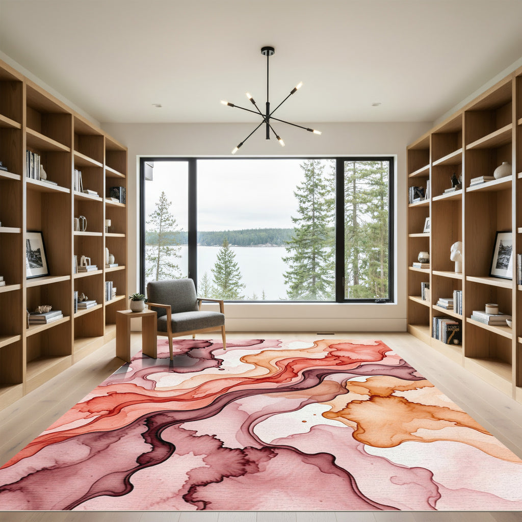 Abstract Terracotta and Burgundy Flowing Wave Rug