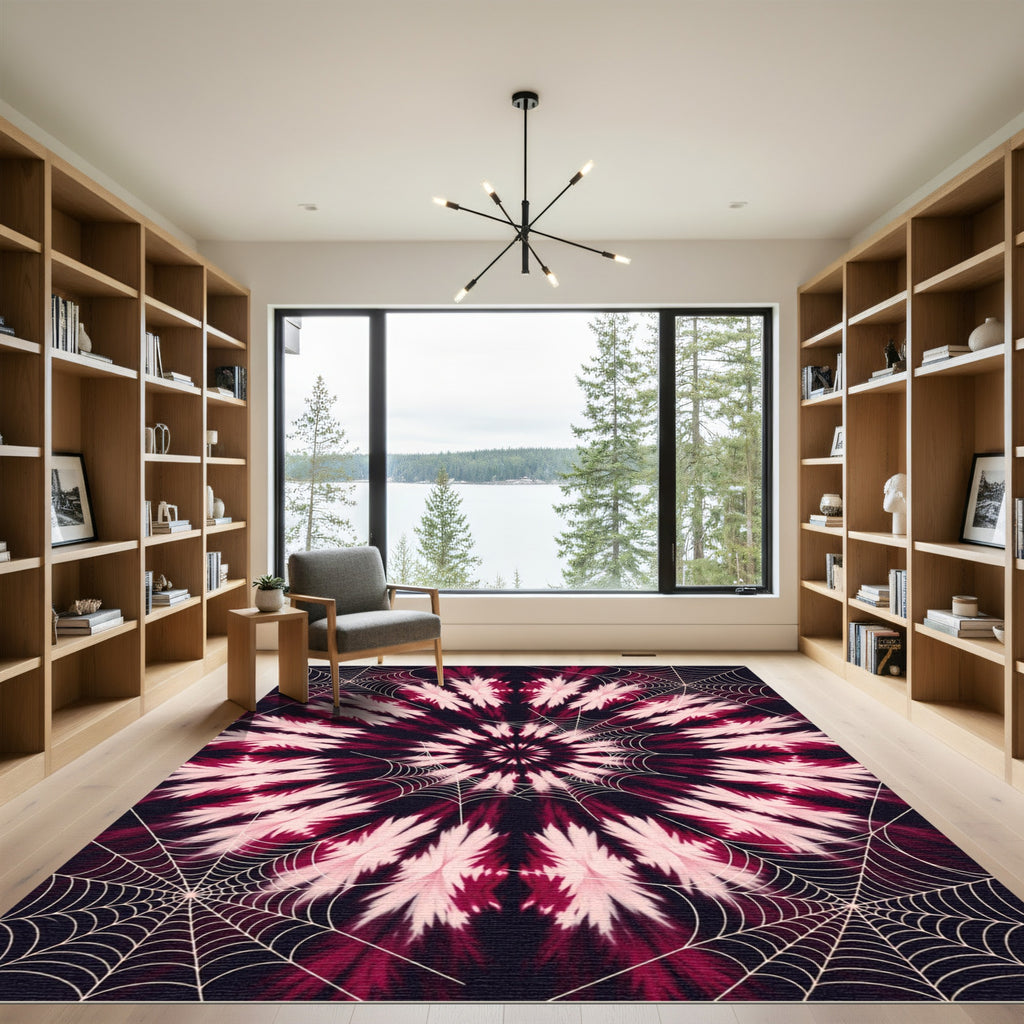 Crimson White Spiderweb Mandala Rug