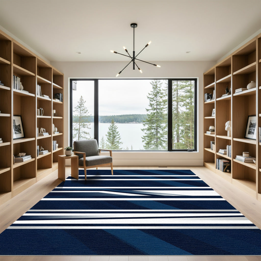 Modern Midnight Blue Linear Abstract Rug