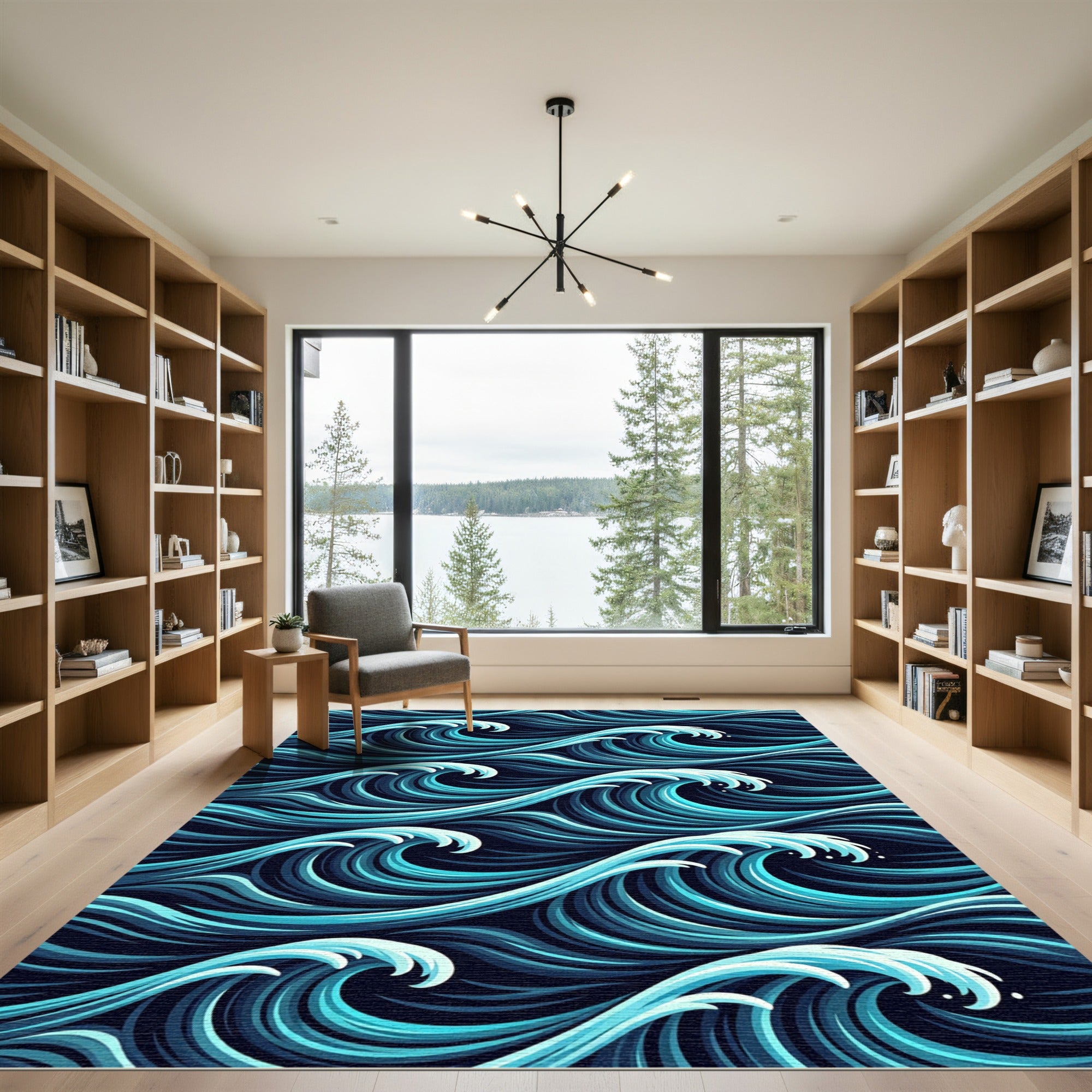 Deep Blue Ocean Wave Pattern Rug
